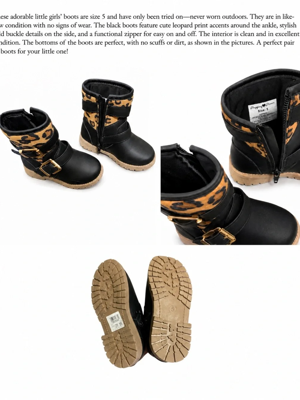 Little Girl’s Stylish Black Boots with Leopard Cuff